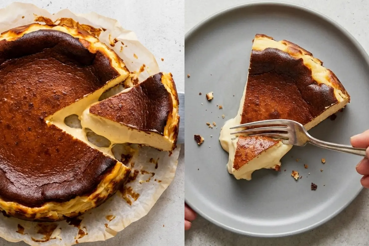 Basque Burnt Cheesecake Recipe A side-by-side view of a beautifully rustic Basque burnt cheesecake recipe, showing a whole cake on crinkled parchment paper with a gooey slice being lifted out on the left, and a hand using a silver fork to cut into a luxuriously soft slice on a matte gray plate on the right