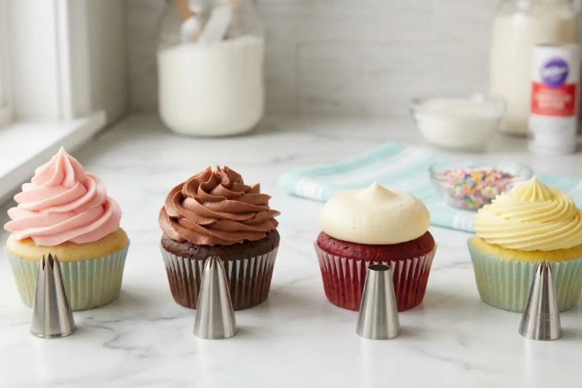 Four freshly frosted cupcakes lined up beside their corresponding metal nozzles on a kitchen counter, demonstrating the best piping tips for cupcake frosting.