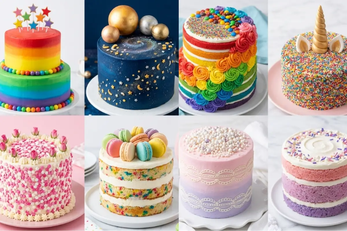 Cake Decorating for Beginners 2 A collage of eight creative designs illustrating simple cake decorating for beginners, featuring sprinkles, rainbow rosettes, and easy piped borders.