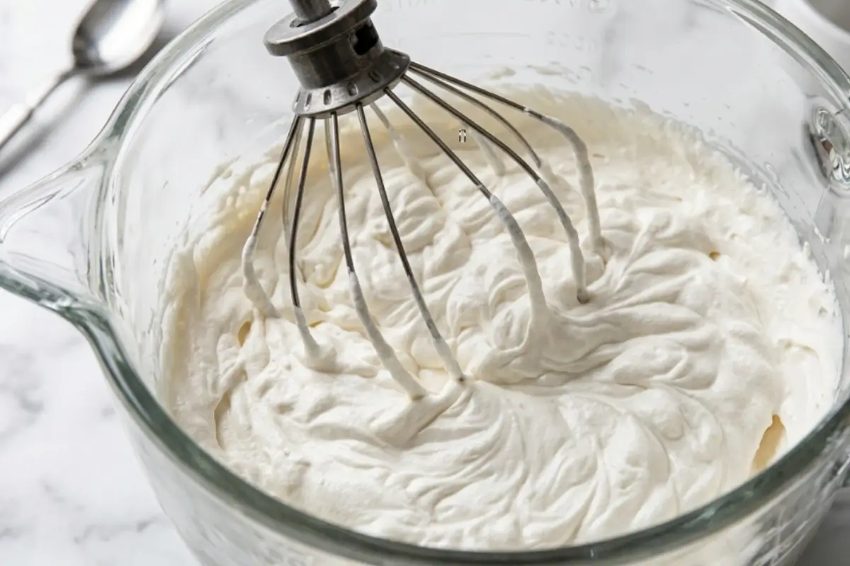 Chantilly Cream Whipped Cream Frosting Light and airy Chantilly cream whipped cream frosting freshly beaten with a wire whisk attachment in a clear glass mixing bowl.