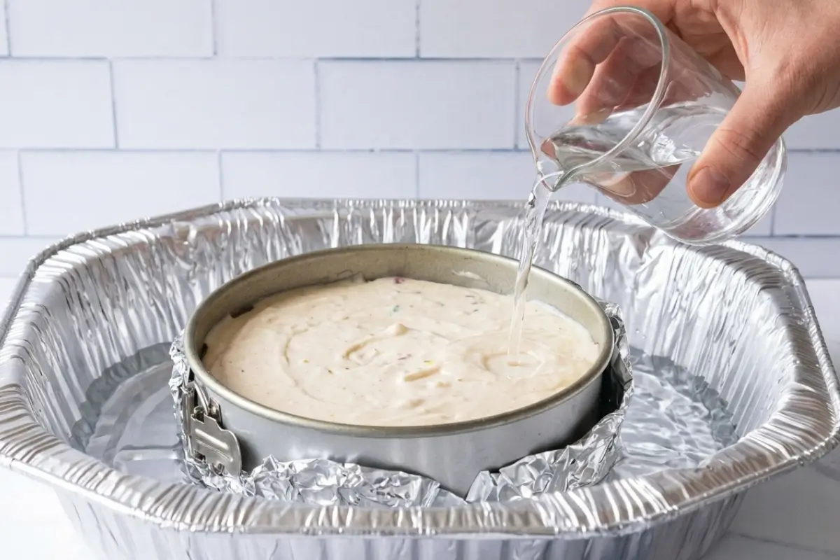 A hand gently pours water from a glass into a large aluminum roasting pan to demonstrate a cheesecake water bath guide, carefully surrounding a foil-wrapped springform pan filled with creamy batter.