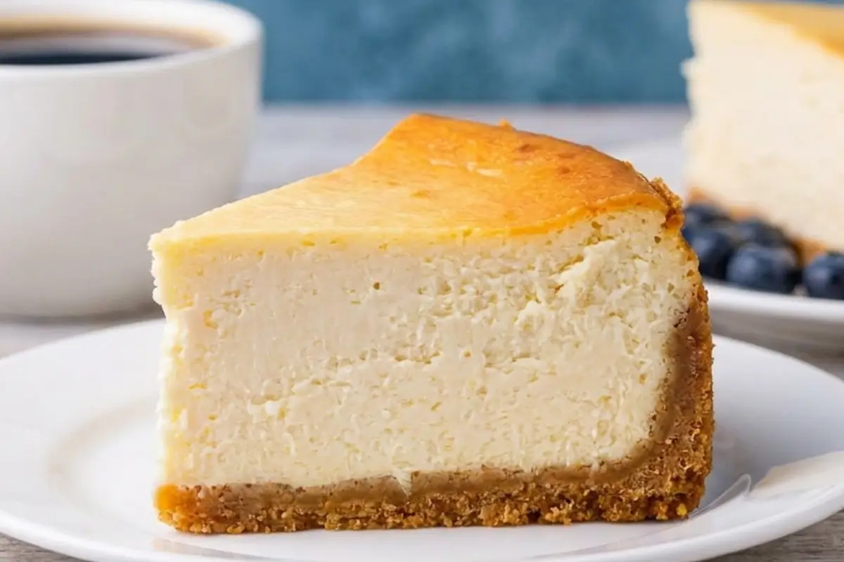 Classic New York Baked Cheesecake 30 A tall, creamy slice of classic New York baked cheesecake with a golden graham cracker crust on a white plate next to a cup of coffee.