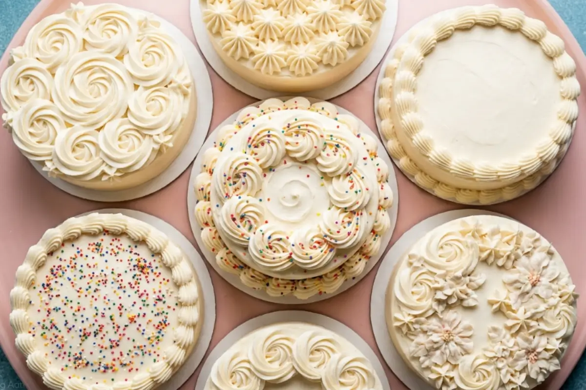 How to Fix Common Frosting Mistakes 40 An overhead view of multiple beautifully decorated white cakes showcasing different Common Frosting Mistakes techniques and textures on a warm pink background.