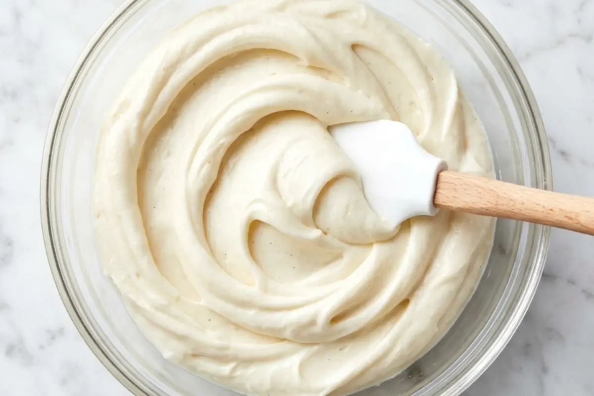 Cream Cheese Frosting A clear glass bowl filled with smooth, swirling cream cheese frosting stirred with a wooden-handled white spatula.