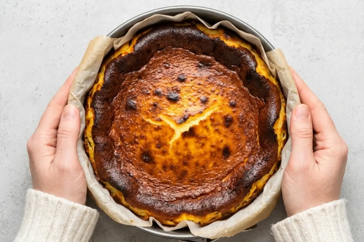 Creamy Basque Burnt Cheesecake Recipe An overhead view of two hands in a cozy white sweater holding a freshly baked creamy Basque burnt cheesecake right out of the oven, still resting in its springform pan lined with rustic, crinkled parchment paper and showing off its signature deeply browned, caramelized top