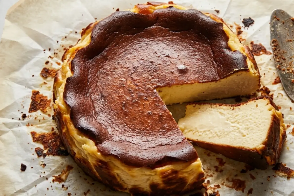 A beautiful creamy Basque burnt cheesecake with a deeply browned, caramelized top and a pale, soft center[cite: 1]. A single slice is cut and pulled slightly away from the whole cake, which rests on crinkled parchment paper next to a serving knife