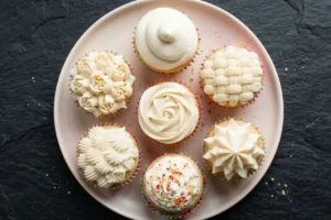 Cupcake Recipes and Piping Guides 10 Seven freshly baked cupcakes sit on a pale pink plate against a dark slate background, each featuring a unique white frosting design to visually illustrate different techniques for cupcake recipes and piping guides.
