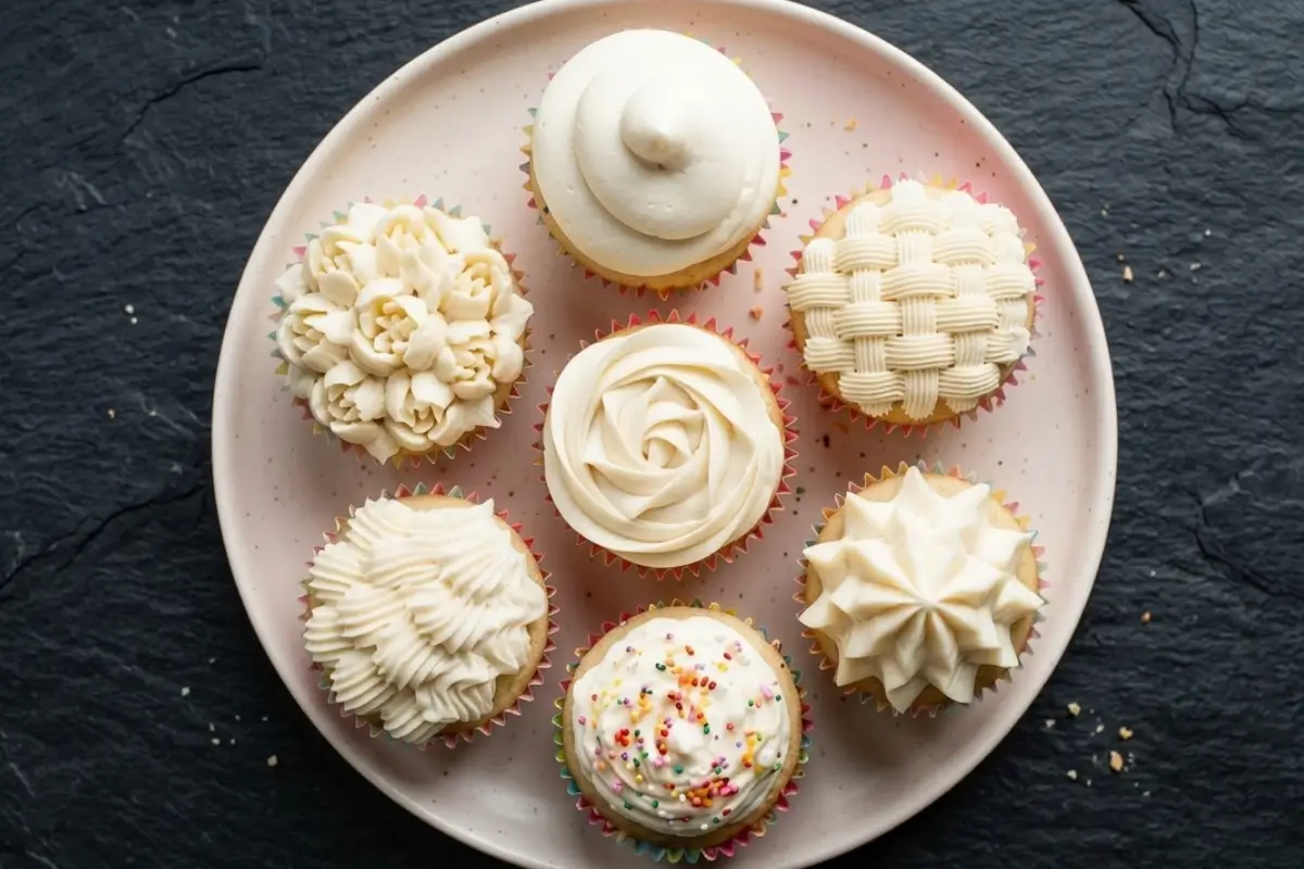 Seven freshly baked cupcakes sit on a pale pink plate against a dark slate background, each featuring a unique white frosting design to visually illustrate different techniques for cupcake recipes and piping guides.