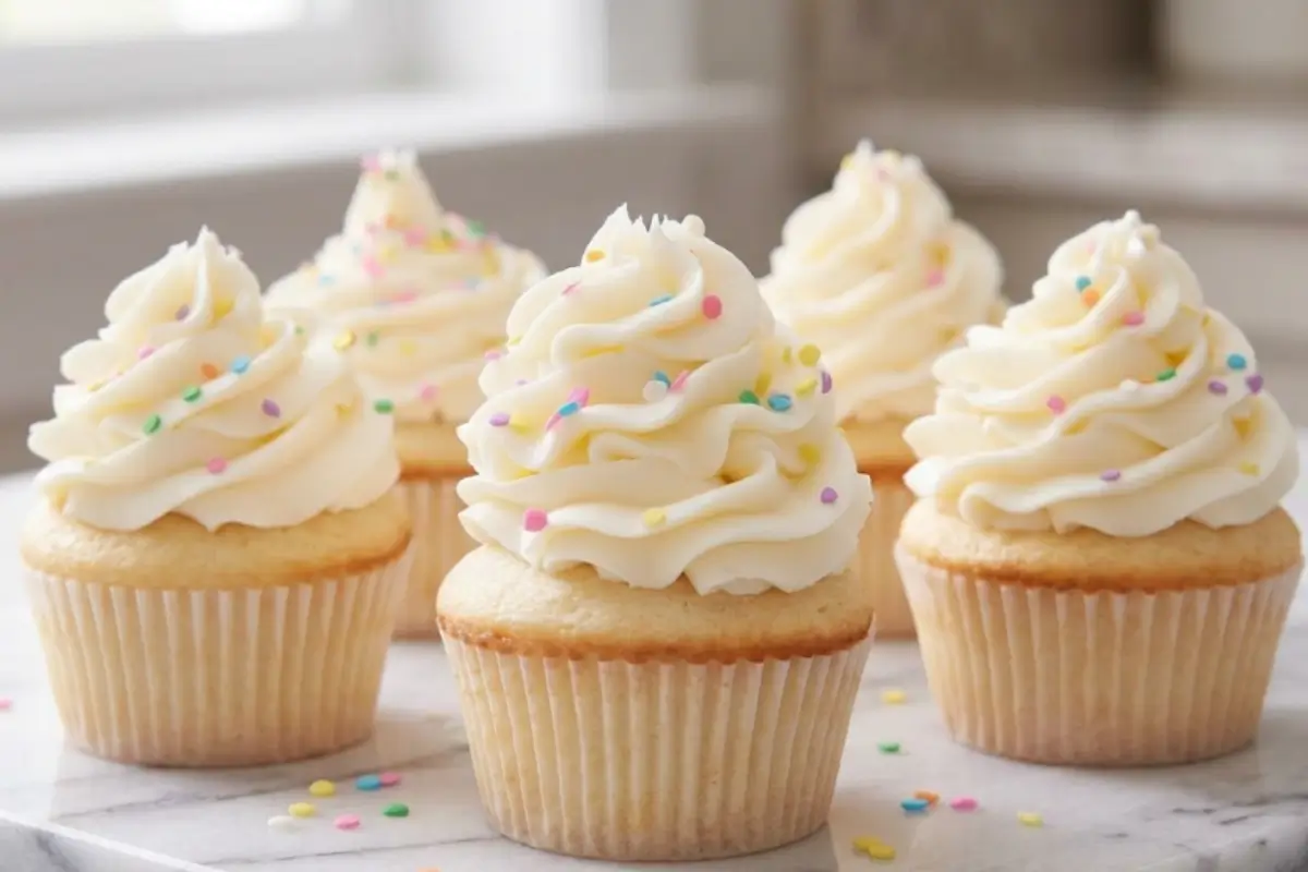 Freshly baked easy vanilla cupcakes from scratch topped with tall swirls of creamy vanilla buttercream and colorful pastel sprinkles on a marble surface.