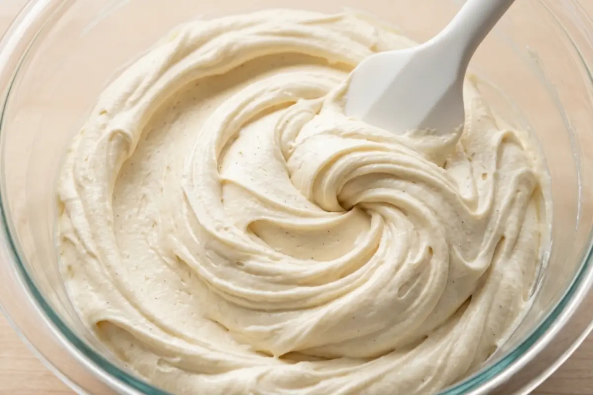 Ermine Frosting A clear glass mixing bowl filled with silky, swirled ermine frosting being gently stirred with a white spatula.