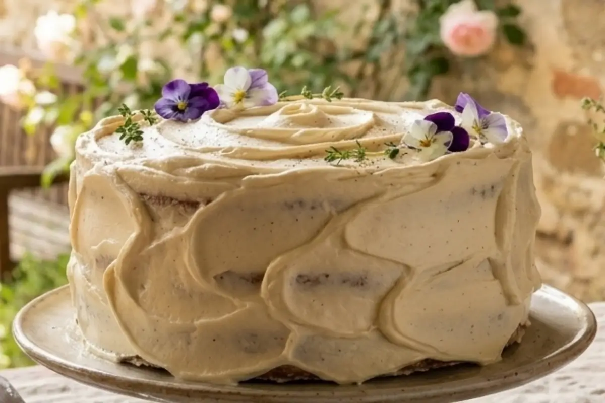 Frosting is not decoration from addcakes A rustic layered cake frosted with luscious cream swirls, garnished with fresh edible pansies and thyme on a ceramic stand.