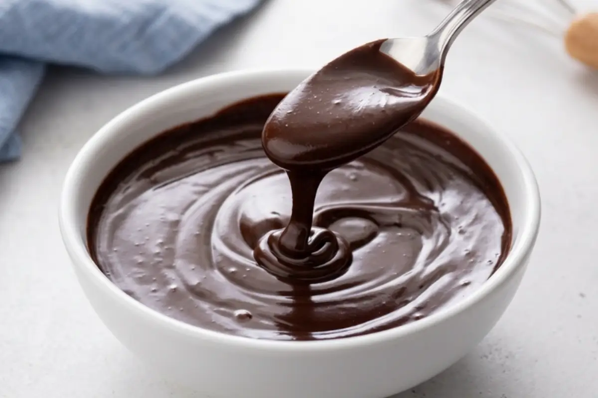 Ganache Chocolate A silver spoon lifting glossy, velvety chocolate ganache from a white ceramic bowl in a warm kitchen setting.