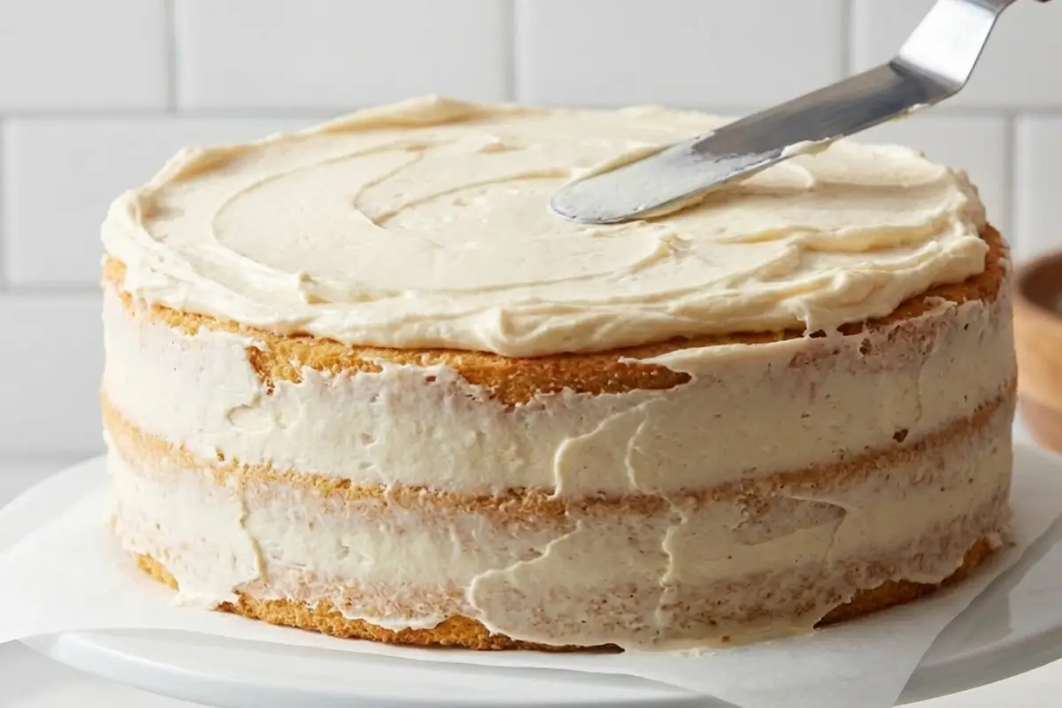 How to Crumb Coat a Cake An offset spatula smooths a thin, rustic layer of vanilla buttercream over a three-layer cake on a white stand, demonstrating exactly how to crumb coat a cake to lock in loose crumbs.