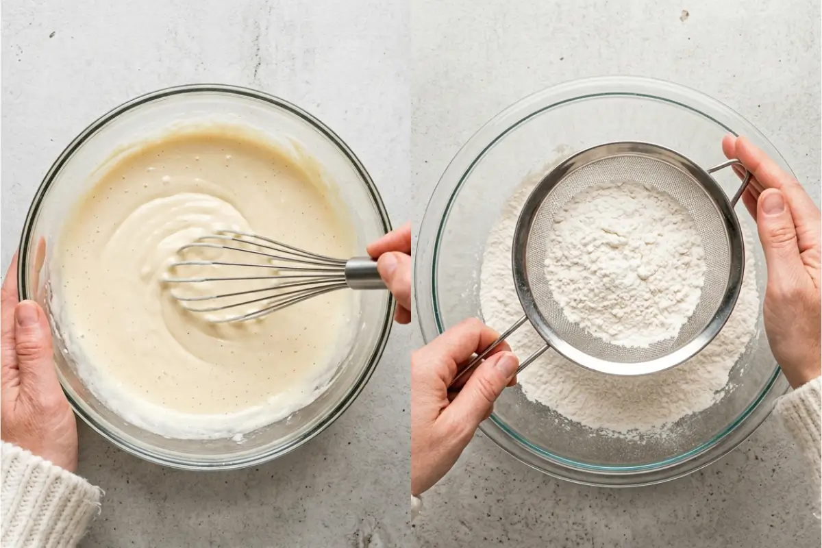 How to Make Easy Vanilla Cupcakes From Scratch Step by Step Step-by-step preparation showing how to make easy vanilla cupcakes from scratch with hands whisking smooth wet batter and sifting dry flour into glass bowls.