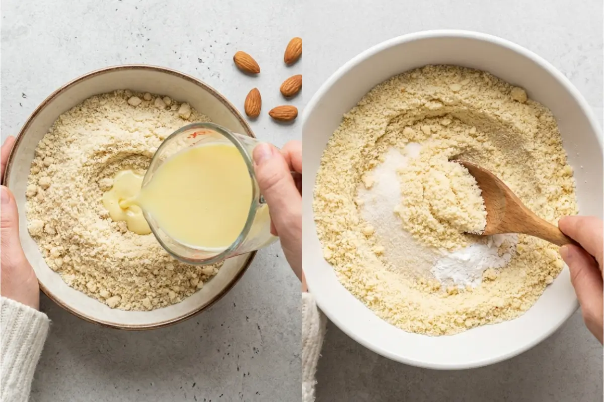 How to Make Keto Lemon Blueberry Cupcakes Step by Step A side-by-side visual guide showing how to make keto lemon blueberry cupcakes step by step, featuring hands gently pouring wet ingredients into almond flour and stirring the dry mix with a rustic wooden spoon in simple ceramic bowls.