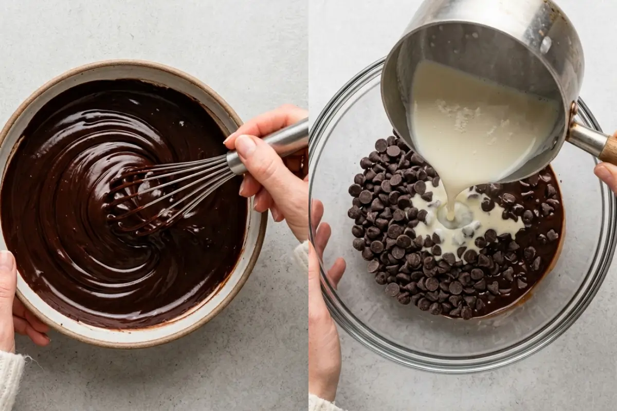 How to Make Molten Chocolate Lava Cupcakes A side-by-side view showing the process of how to make molten chocolate lava cupcakes, featuring a hand whisking smooth, glossy chocolate in a rustic bowl on the left, and warm cream being poured from a saucepan over chocolate chips on the right