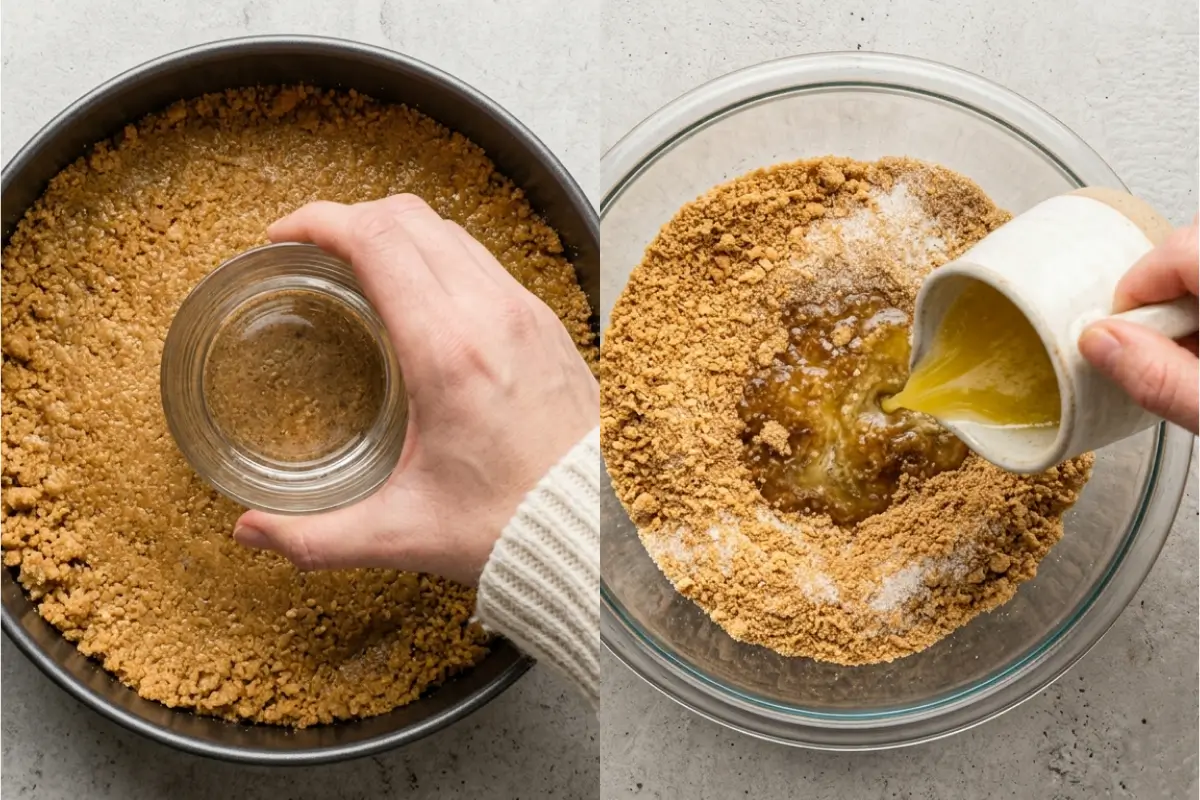 How to make no-bake strawberry cheesecake recipe step by step showing melted butter poured into graham cracker crumbs and pressed firmly into a springform pan with a glass.