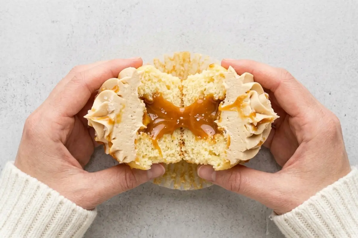 How to Make Salted Caramel Buttercream Frosting Two hands wearing a cozy sweater gently pull apart a filled vanilla cupcake to reveal a deliciously gooey caramel center, crowned perfectly after learning how to make salted caramel buttercream frosting