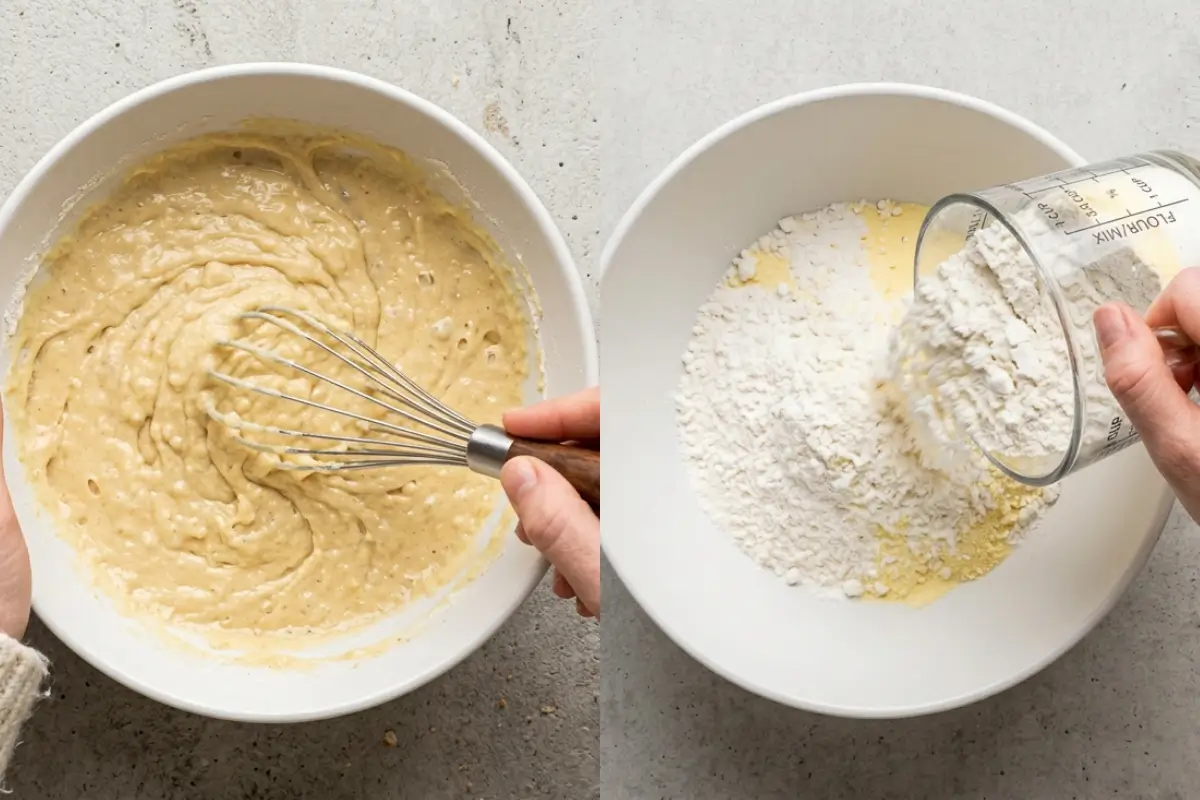 How to Make Salted Caramel Filled Cupcakes A side-by-side view showing the easy process of how to make Salted Caramel Filled Cupcakes, featuring one hand pouring flour from a glass measuring cup and another whisking a golden batter with a wire whisk in a white bowl