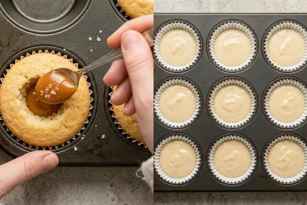 How to Make the Vanilla Cupcake Base A side-by-side view showing how to make the vanilla cupcake base, featuring a muffin tin filled with smooth, pale batter on the right, and a baked, golden cupcake being filled with a spoonful of rich caramel and flaky sea salt on the left