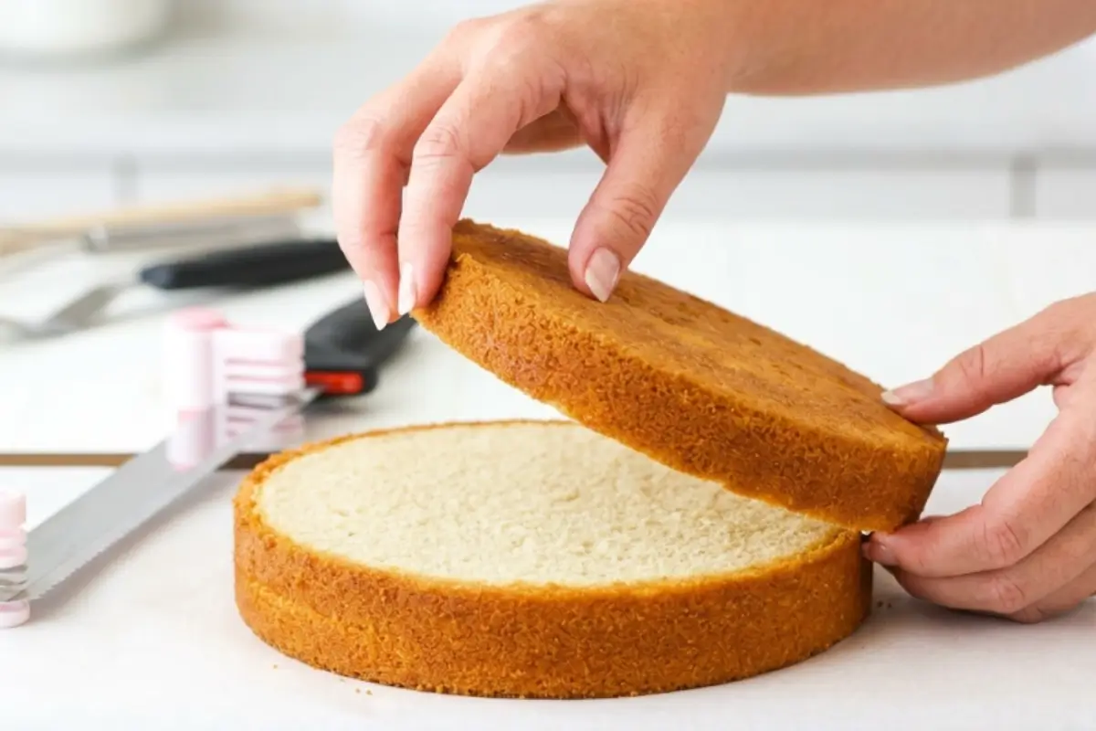 How to level cake layers 2 Hands carefully lifting the sliced domed top off a golden sponge round, showing how to level cake layers using a serrated knife.