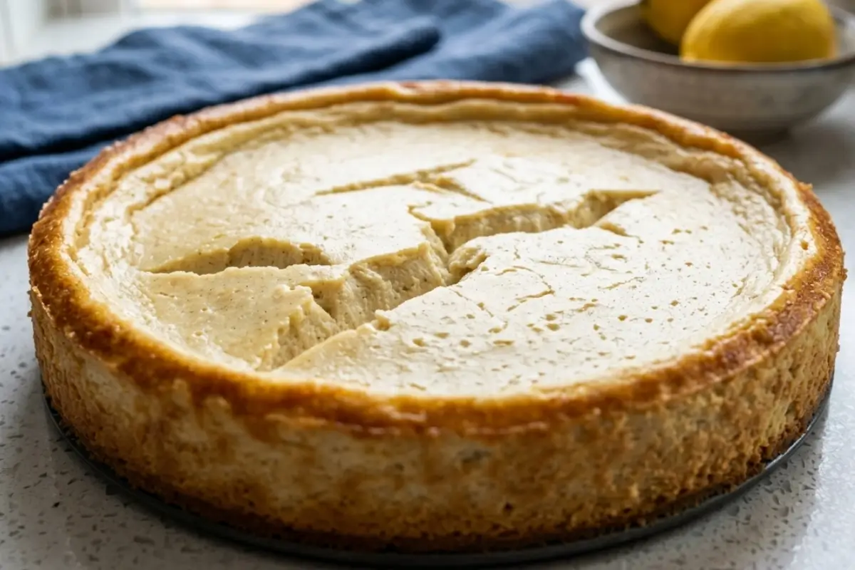 How to Prevent Cheesecake Cracks 2 A whole baked cheesecake resting on a light counter features deep surface splits next to a blue towel and fresh lemons, demonstrating the visual need to learn how to prevent cheesecake cracks