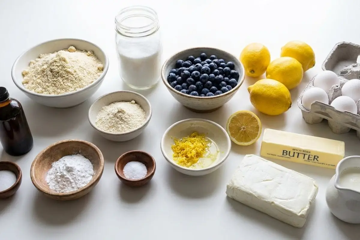 Ingredients for Keto Lemon Blueberry Cupcakes A beautiful, rustic arrangement of fresh ingredients for keto lemon blueberry cupcakes, featuring plump blueberries, whole lemons, farm-fresh eggs, butter, and almond flour in simple ceramic bowls.