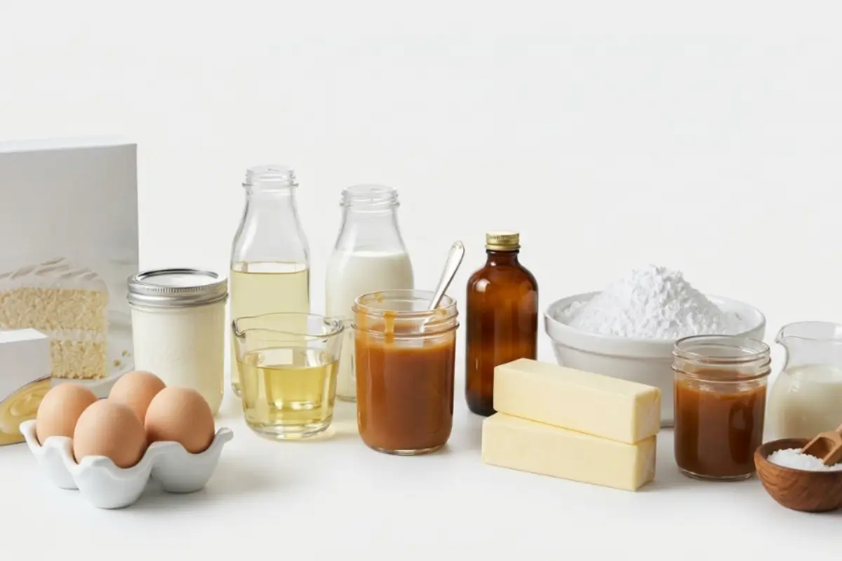 Ingredients for Salted Caramel Filled Cupcakes A bright, inviting display of baking ingredients for Salted Caramel Filled Cupcakes, featuring fresh eggs, unwrapped sticks of butter, jars of thick caramel sauce, bottles of milk, oil, and a bowl of dry ingredients arranged on a white surface