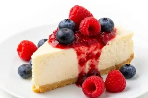 How to Make the Best Keto Low-Carb Cheesecake Recipe 8 A delicious slice of the keto low-carb cheesecake recipe, featuring a classic crumbly crust and beautifully topped with a vibrant red berry drizzle, fresh whole raspberries, and fresh blueberries on a simple white plate.