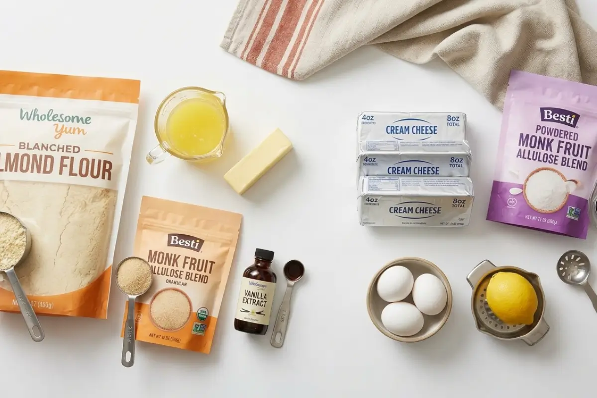 Key Ingredients For Keto Cheesecake A top-down arrangement of the key ingredients for keto cheesecake resting on a clean white surface, showcasing bags of almond flour and monk fruit sweetener, blocks of cream cheese, butter, fresh eggs in a small ceramic bowl, vanilla extract, and a bright yellow lemon beside a hand juicer, all beautifully framed by a rustic, earthy striped linen towel.