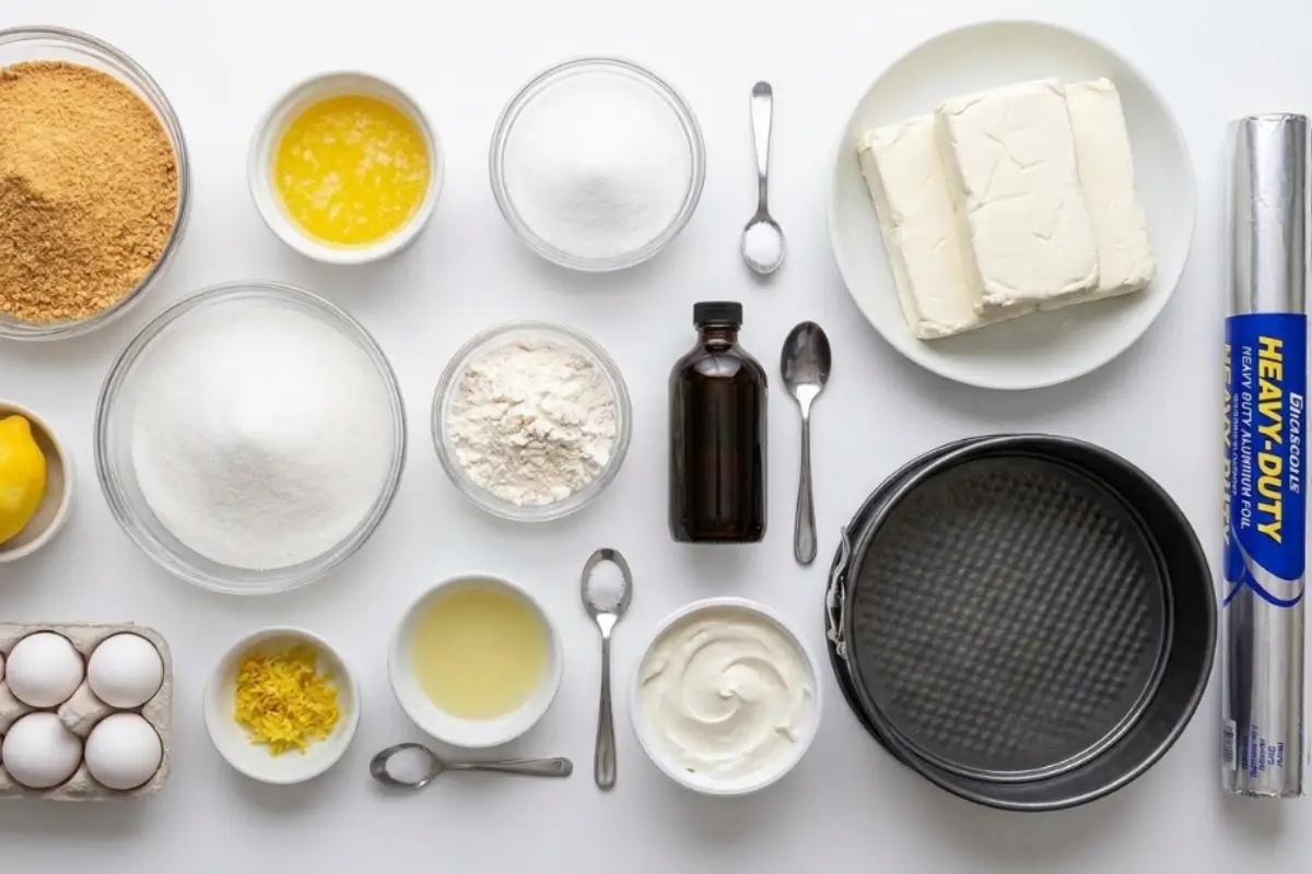 Key Ingredients for Classic New York Baked Cheesecake Flat lay arrangement of key ingredients for classic New York baked cheesecake including cream cheese, graham cracker crumbs, sugar, eggs, sour cream, and a springform pan.