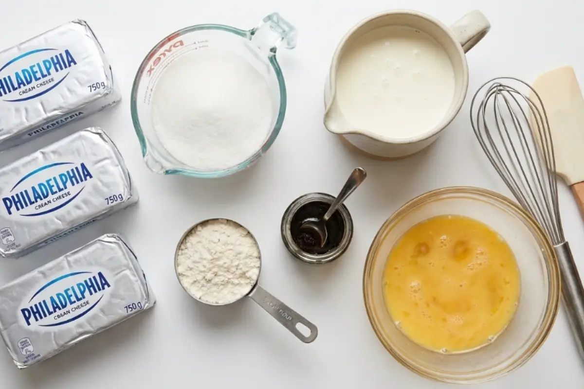 An overhead view of the simple ingredients needed for a creamy Basque burnt cheesecake, including three blocks of Philadelphia cream cheese, a measuring cup of white sugar, a pitcher of heavy cream, whisked eggs in a glass bowl, a small scoop of flour, vanilla paste, a whisk, and a spatula arranged on a white surface[cite: 2].