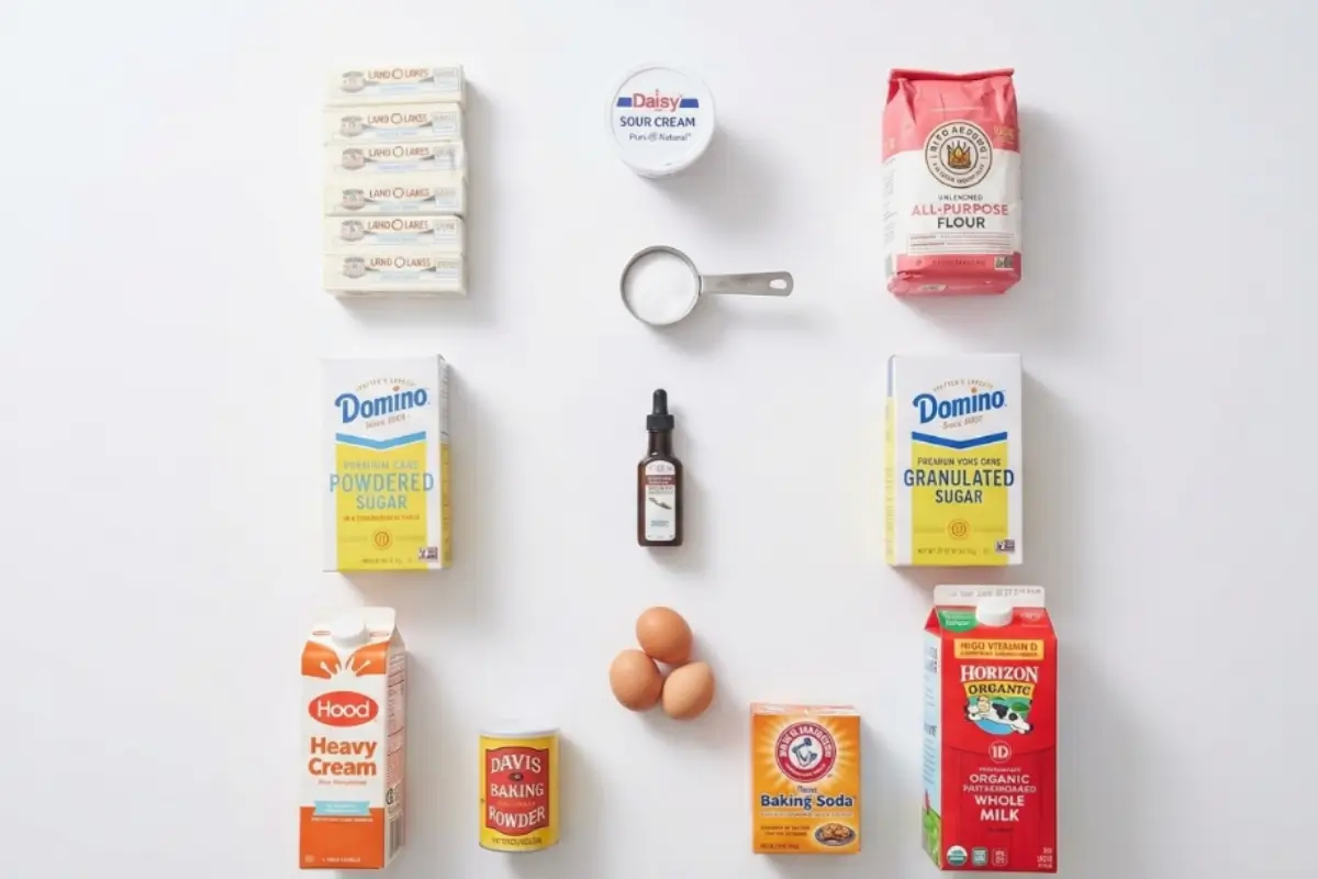 Key Ingredients for Easy Vanilla Cupcakes From Scratch Flat lay arrangement of key ingredients for easy vanilla cupcakes from scratch including flour, sugars, butter, eggs, vanilla, and dairy on a white surface.
