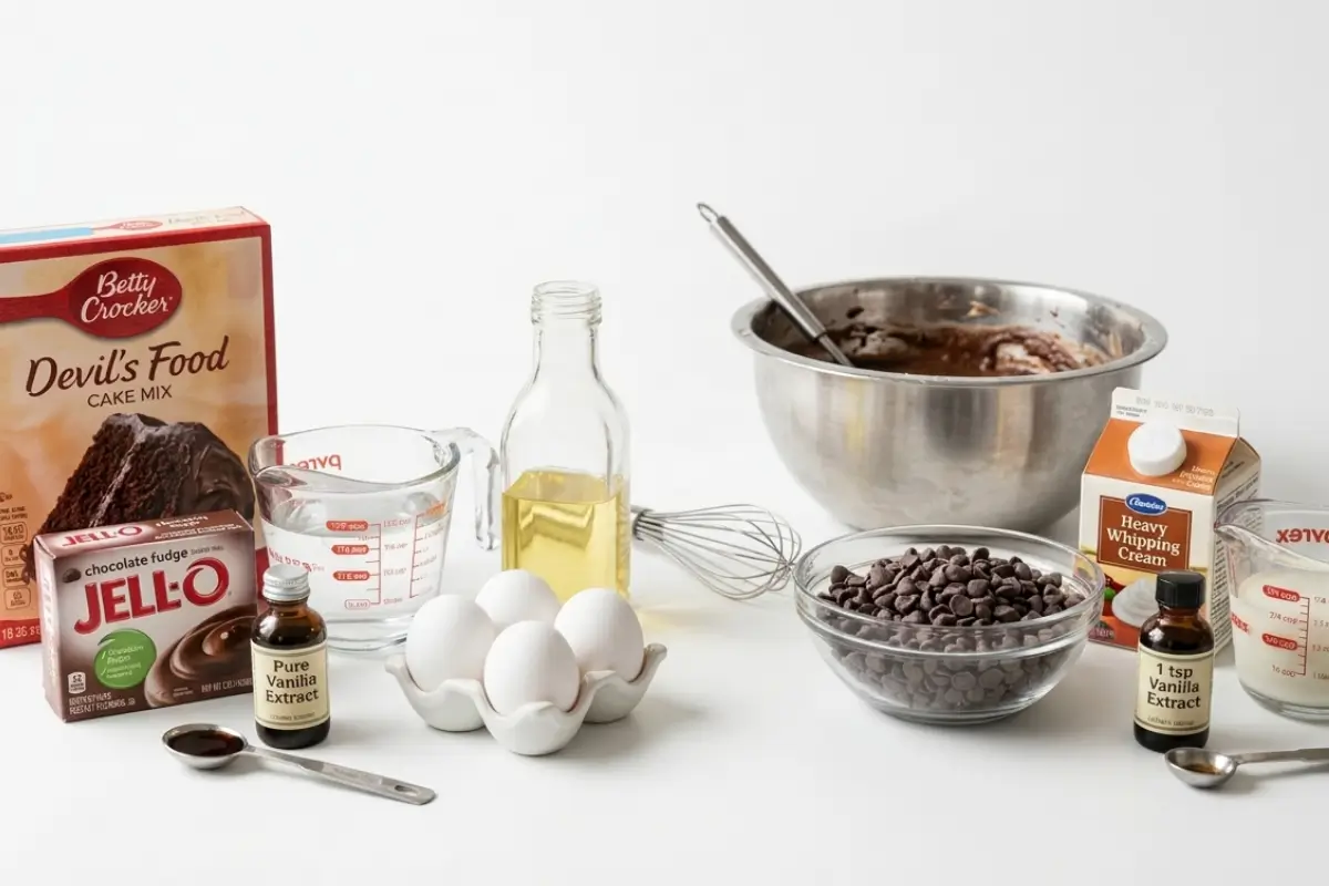 Key Ingredients for Molten Chocolate Lava Cupcakes A layout of baking ingredients needed to make molten chocolate lava cupcakes, including a box of devil's food cake mix, instant chocolate pudding, fresh eggs, chocolate chips, heavy whipping cream, and vanilla extract arranged on a clean white surface