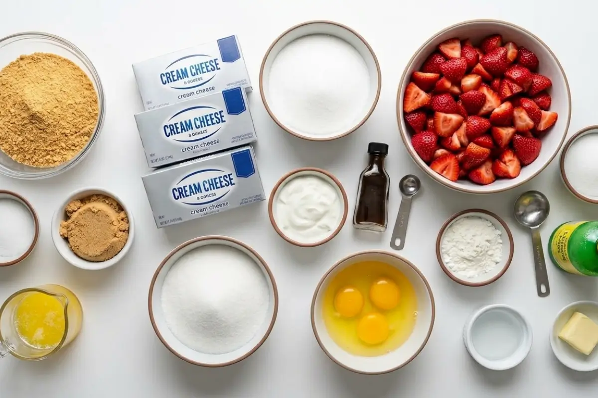 Flat lay of the key ingredients for a no-bake strawberry cheesecake, including blocks of cream cheese, graham cracker crumbs, fresh sliced strawberries, sugar, and vanilla in rustic bowls.