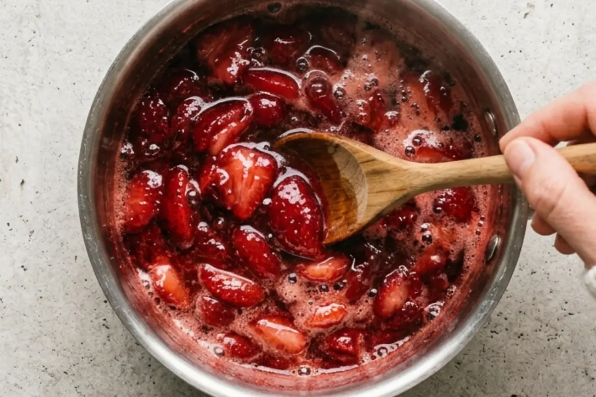 Stirring a bubbling pot of sweet, glossy sliced strawberries with a wooden spoon on the stovetop to make the strawberry sauce.