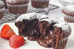 Molten chocolate lava cupcakes 16 A freshly baked molten chocolate lava cupcake broken open to reveal a warm, gooey chocolate center, lightly dusted with powdered sugar and served on a white plate with fresh sliced strawberries