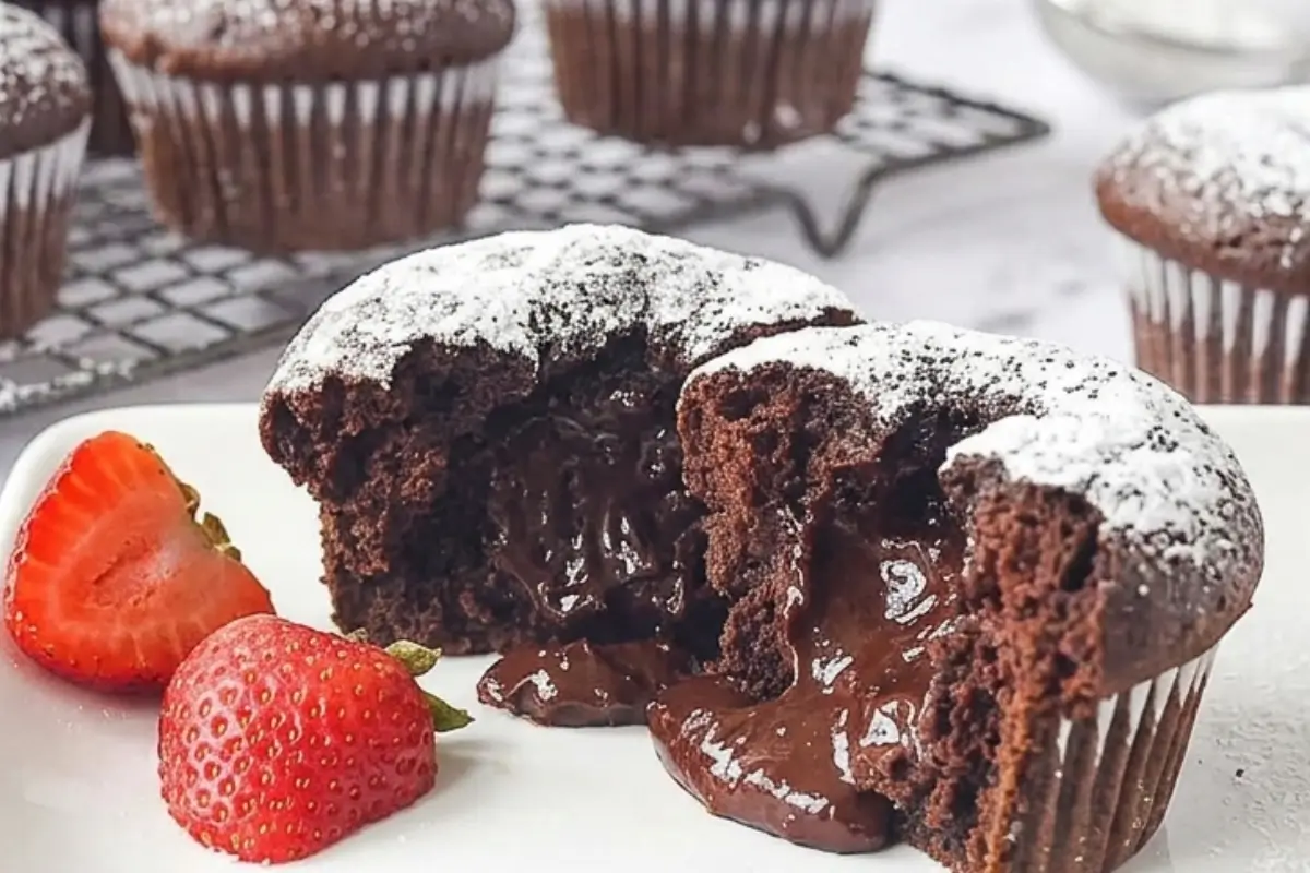 A freshly baked molten chocolate lava cupcake broken open to reveal a warm, gooey chocolate center, lightly dusted with powdered sugar and served on a white plate with fresh sliced strawberries