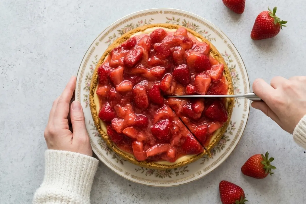 Elena's no-fail tips for no-bake strawberry cheesecakes shown by spreading glossy strawberry topping with a large spoon across a chilled, creamy cheesecake surface.