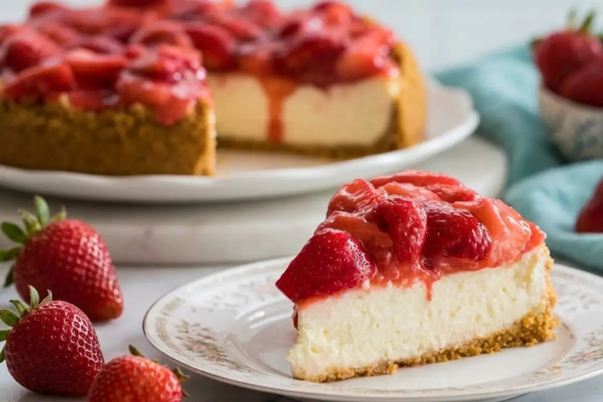 No-Bake Strawberry Cheesecake Recipe 28 A generous slice of creamy no-bake strawberry cheesecake topped with glossy macerated berries on a vintage floral dessert plate.