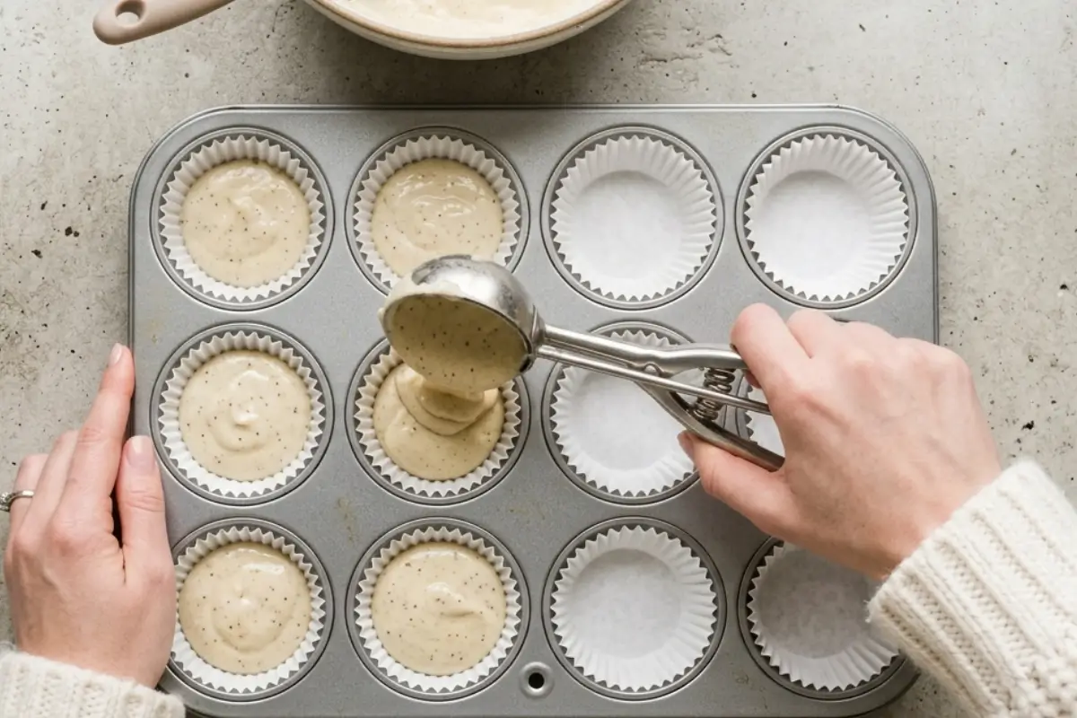Perfect Vanilla Cupcakes Every Time Hands using a metal spring-release scoop to divide speckled vanilla cupcake batter into white paper liners in a muffin tin for perfect vanilla cupcakes.