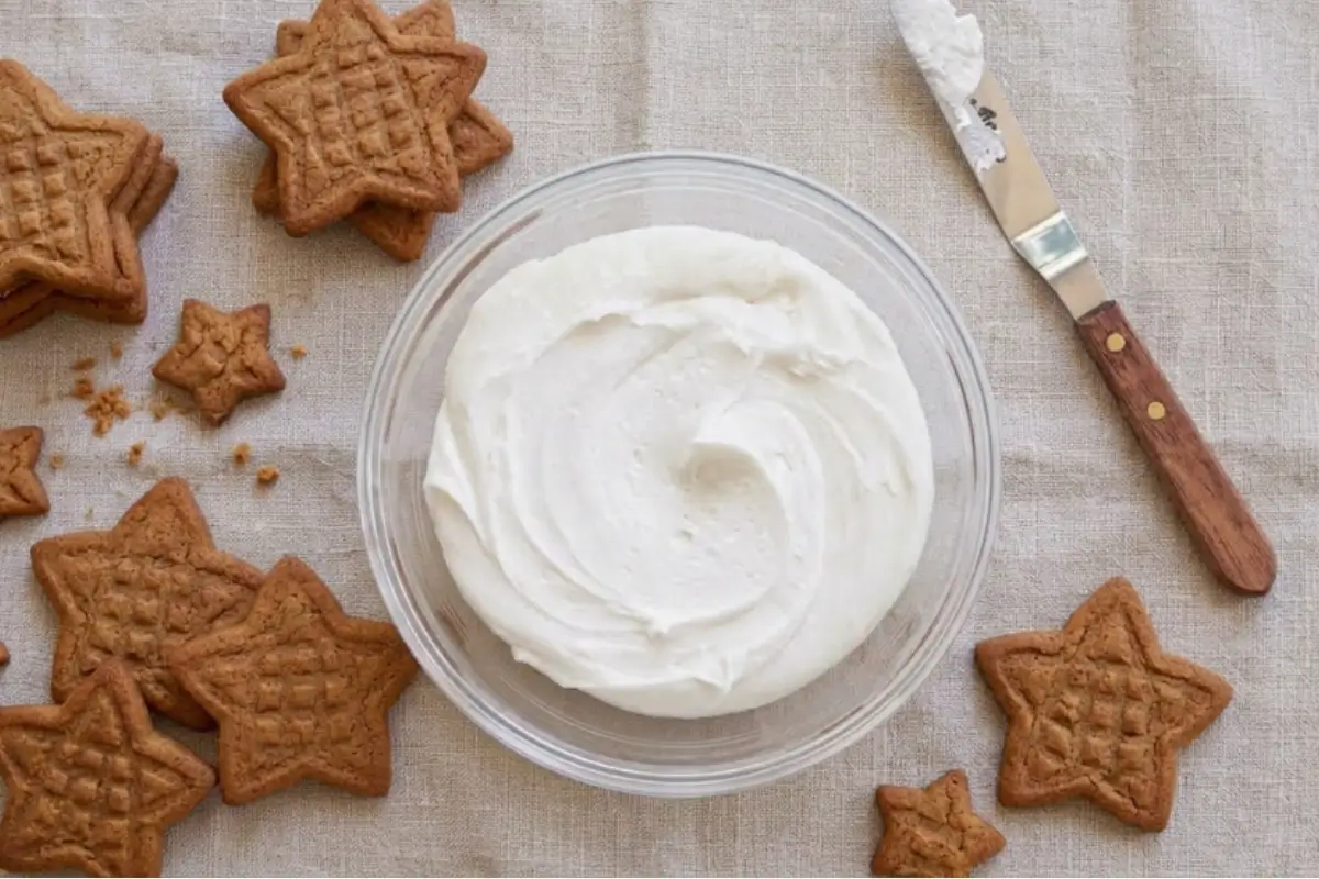 Royal Icing A bowl of smooth white royal icing surrounded by spiced star cookies and an offset spatula on a linen surface.