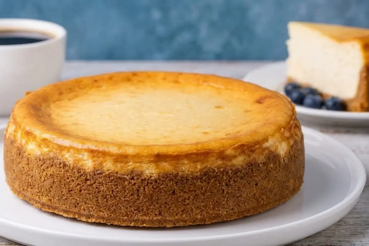 Saving a Little Joy for new york baked cheesecake Whole golden New York baked cheesecake resting on a white ceramic platter alongside a served slice, fresh blueberries, and a warm cup of coffee.