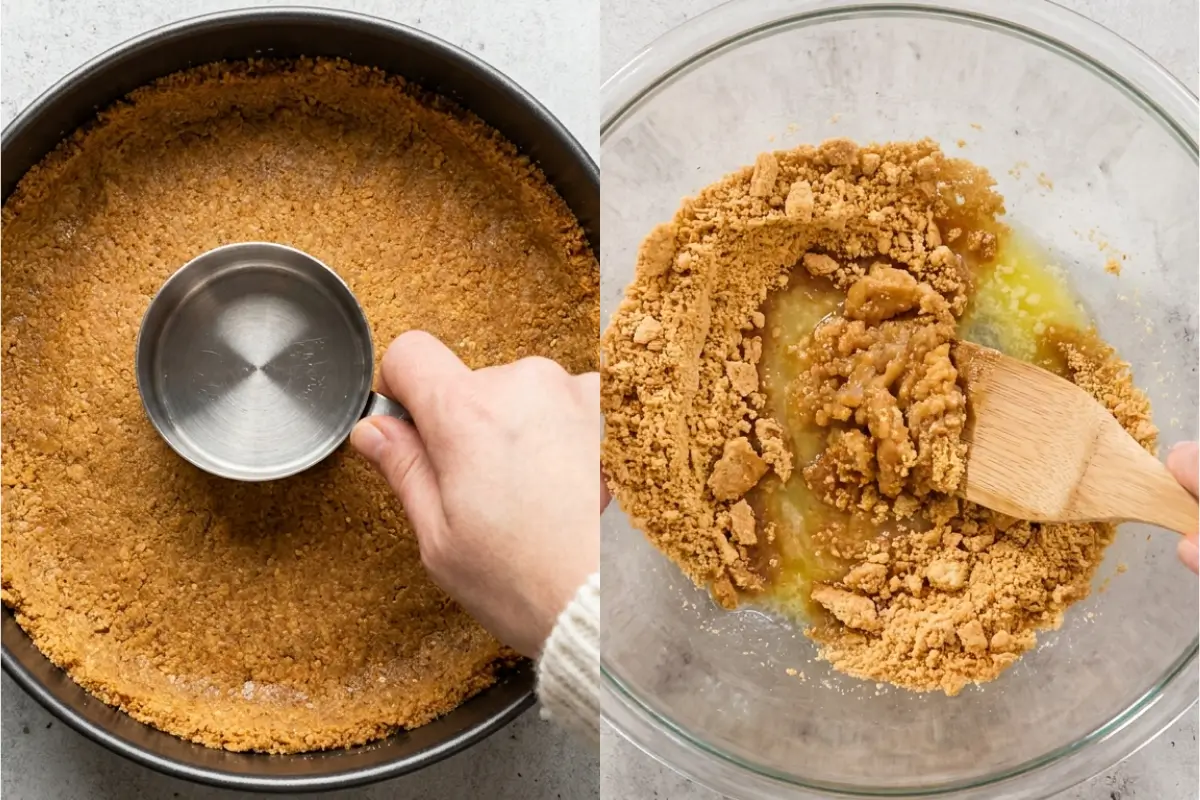 Step-By-Step Instructions for Classic New York Baked Cheesecake Step-by-step instructions for classic New York baked cheesecake showing crushed graham crackers mixed with melted butter and pressed into a springform pan using a metal measuring cup.