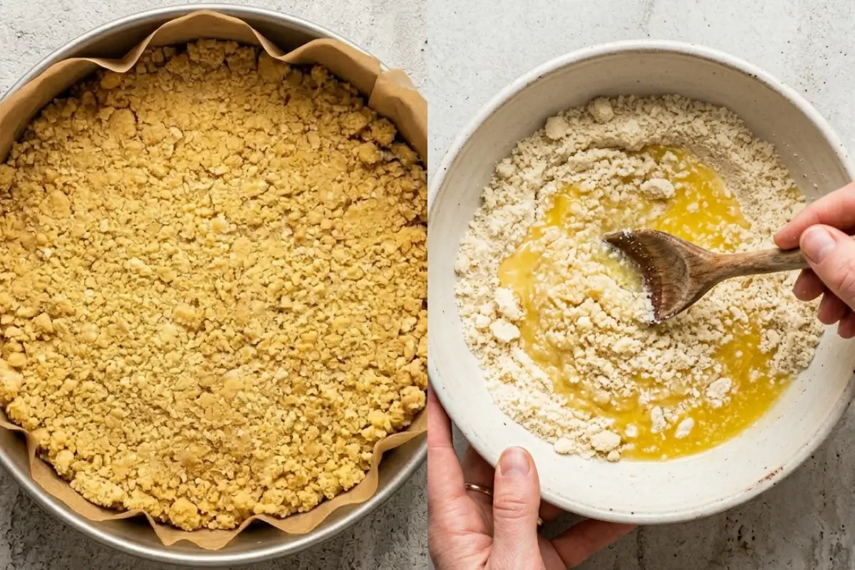 Step-by-Step Instructions For keto low-carb cheesecake recipe A side-by-side view showing the step-by-step instructions for a keto low-carb cheesecake recipe, featuring hands mixing dry ingredients and melted butter with a wooden spoon in a rustic bowl, alongside a beautifully golden, crumbly crust pressed perfectly into a parchment-lined springform pan.