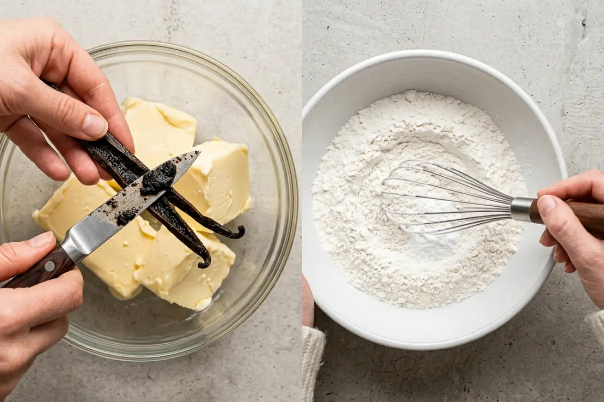 Step-by-Step for Vegan Vanilla Bean Cupcakes A side-by-side view showing hands scraping fresh vanilla bean seeds into a bowl of vegan butter on the left, and whisking flour and dry ingredients in a white bowl on the right, demonstrating the first steps to making vegan vanilla bean cupcakes.