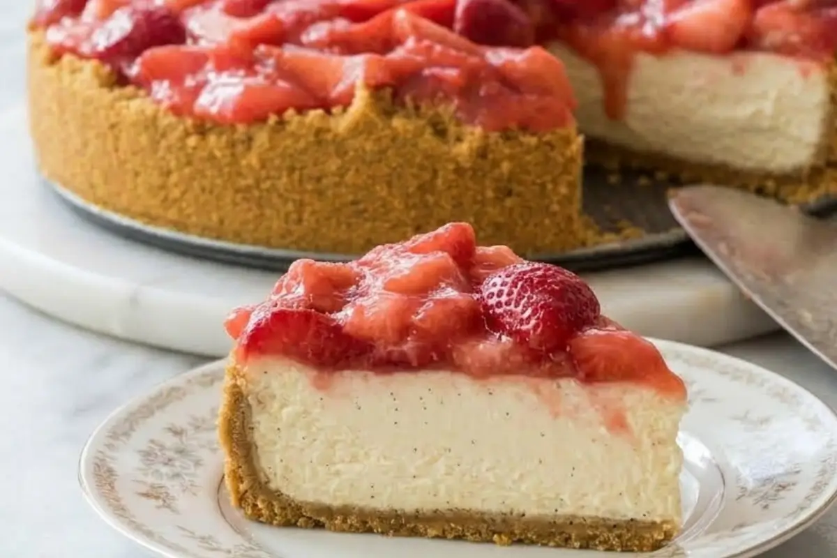 Lifting a slice of no-bake strawberry cheesecake with a metal spatula to demonstrate Elena's no-fail tips for clean, velvety layers topped with glossy berries.