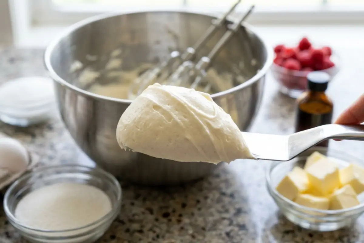 Swiss Meringue Buttercream Silky smooth Swiss meringue buttercream scooped on an offset spatula with butter cubes, sugar, and a mixing bowl in a cozy kitchen.
