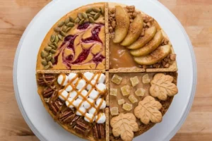 Thanksgiving Cheesecake Flavor Ideas 2 A top-down view of a rustic four-way sampler cake on a white stand showcasing different Thanksgiving cheesecake flavor ideas, including caramel apple, pumpkin cranberry swirl, marshmallow pecan, and spiced maple, perfectly divided by graham crackers