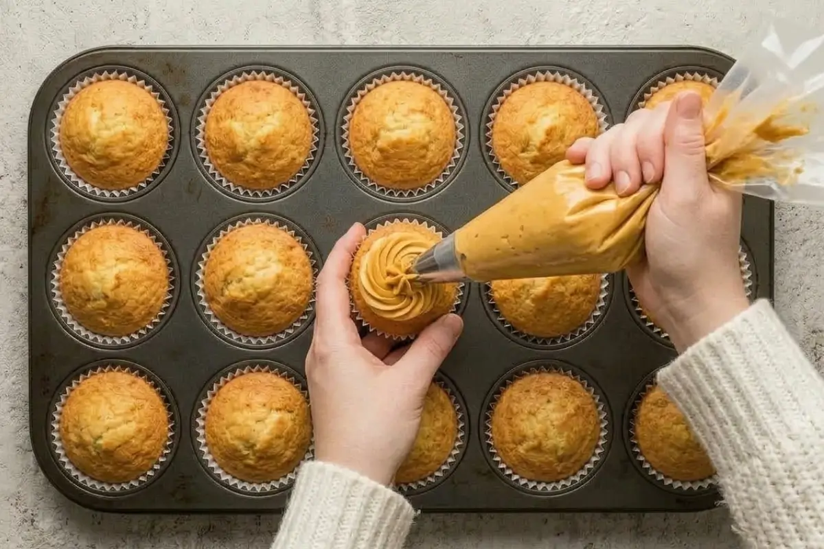 The Filling Step How to Get Caramel Inside a Cupcake A top-down view demonstrating the filling step of how to get caramel inside a cupcake, featuring a baker's hands in a cozy sweater using a clear piping bag to squeeze a thick swirl of caramel frosting onto a freshly baked, golden cupcake lifted from a dark muffin tin
